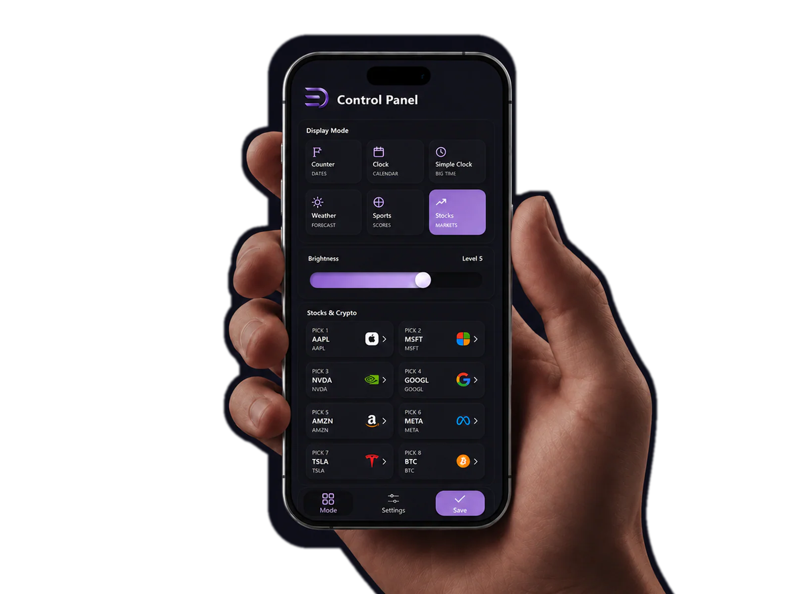 LumaGlow Edge control panel with Stocks selected shown on a phone held in hand