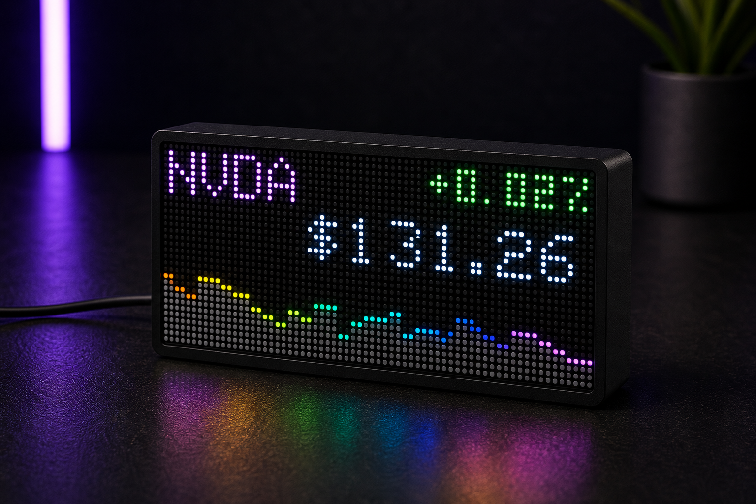 LumaGlow Edge smart LED display showing a market price glance