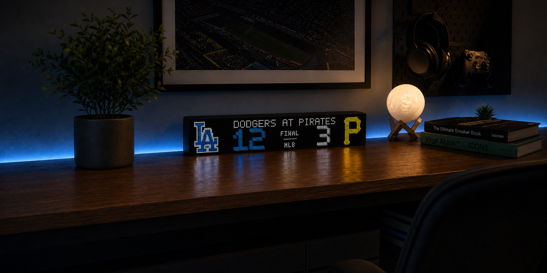 LumaGlow Scroll showing a Dodgers versus Pirates score on a desk
