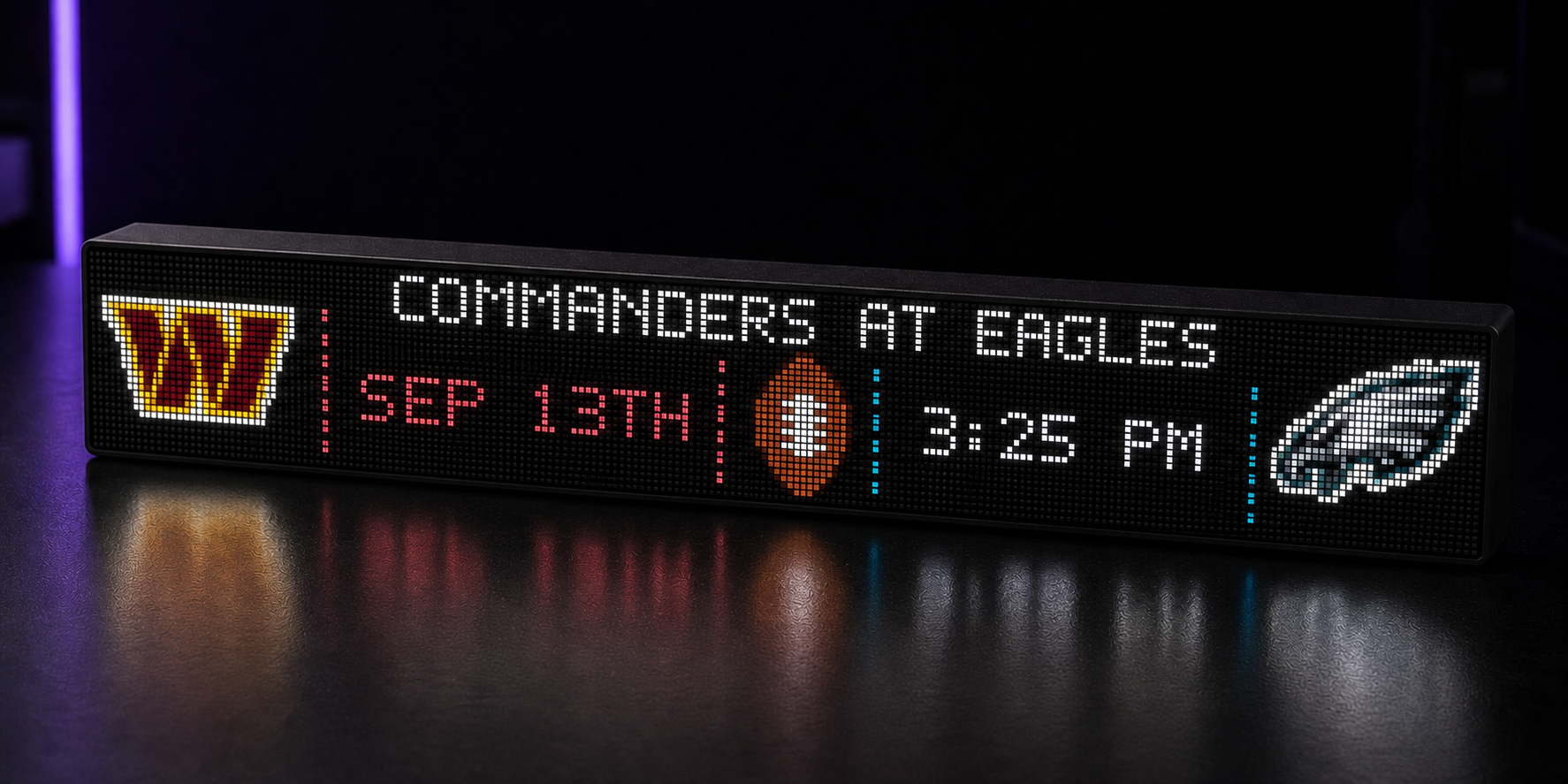 LumaGlow Scroll NFL score banner display showing Commanders at Eagles